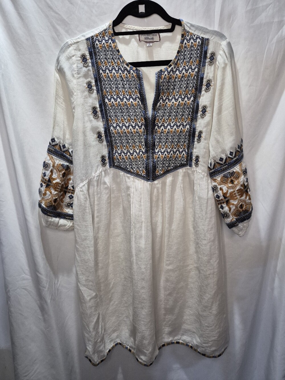 Johnny Was Workshop M Ivory Embroidered Ramie Boho Tunic Dress